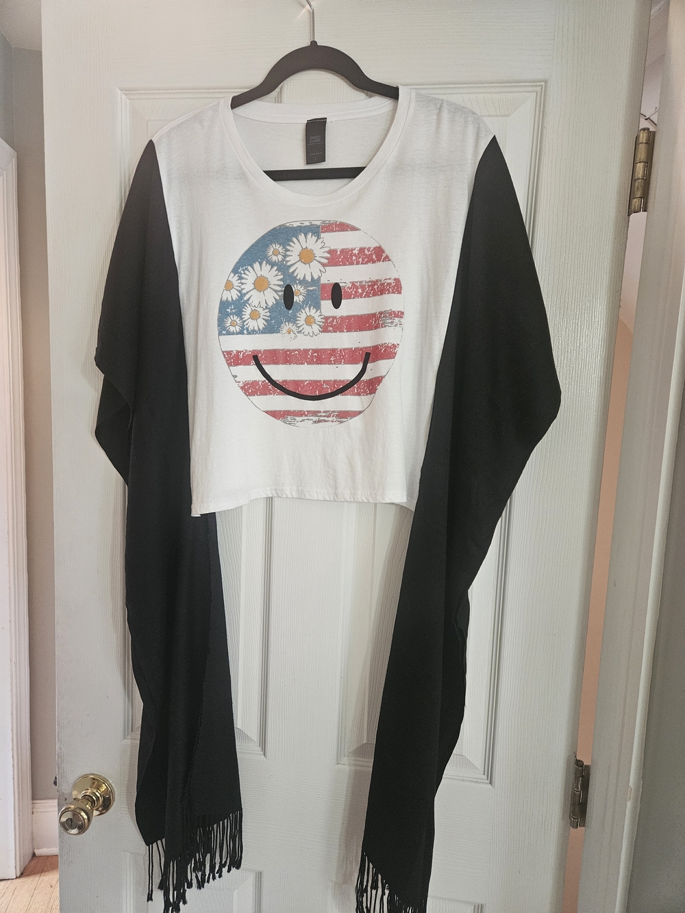 Upcycled Mix And Match Sweet Claire White Crop Top with Black Shawl Sleeves